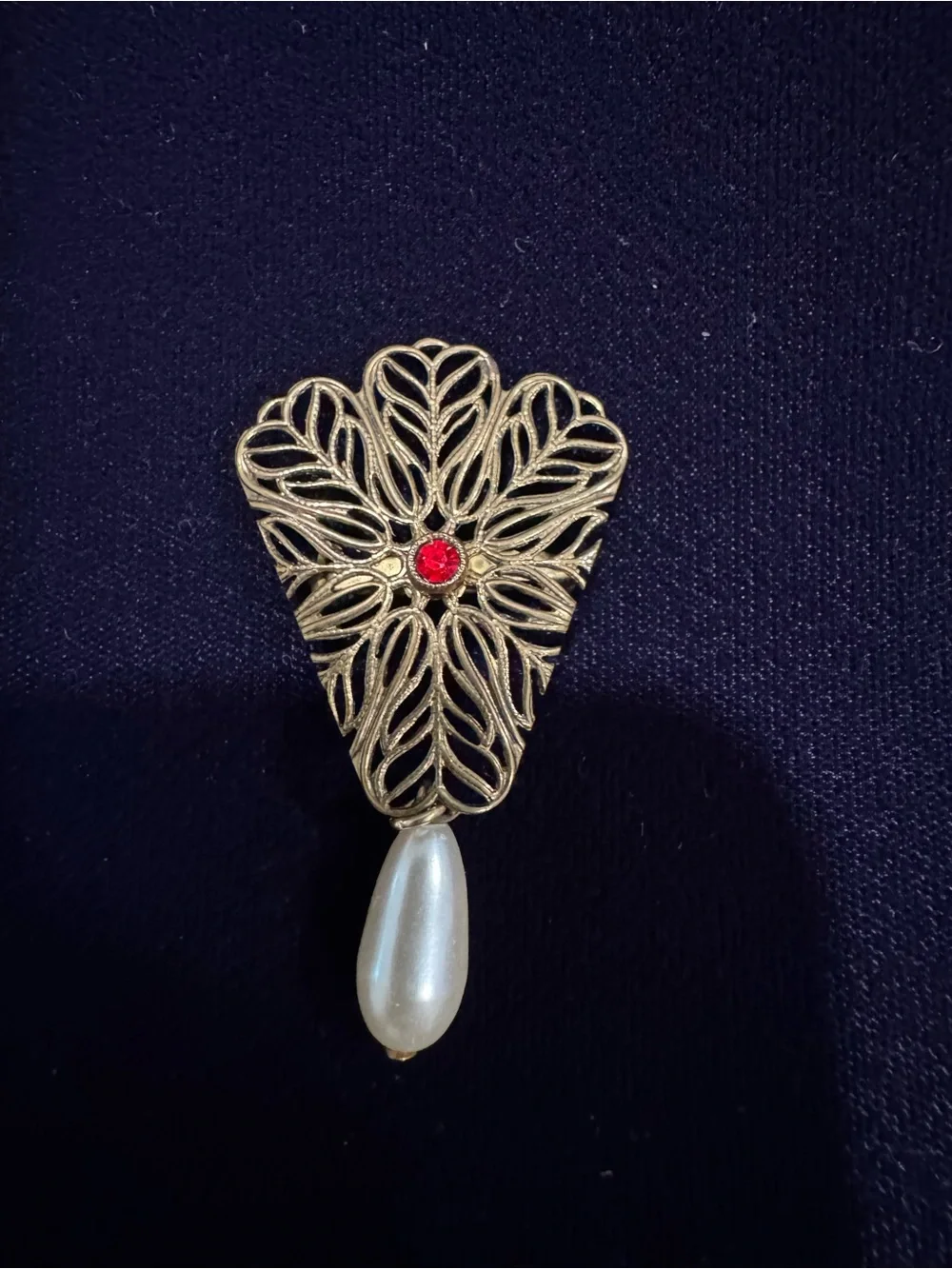 Gold Filigree Teardrop Pearl Brooch with Red Accent